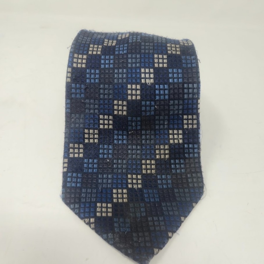 VERSA Collezioni Navy Light Blue Tan Checkered Grid Men's Tie Classic Handmade